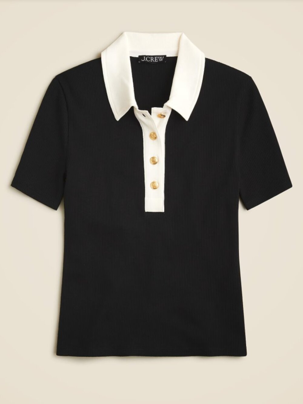 J. Crew Vintage Rib Polo T-shirt, Classic Collar, Gold-Tone Buttons - Women Med